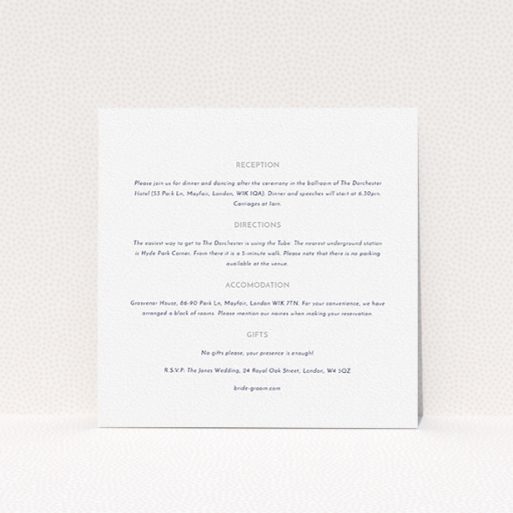 A wedding insert card design titled "Olive branch stamp". It is a square (148mm x 148mm) card in a square orientation. "Olive branch stamp" is available as a flat card, with mainly white colouring.