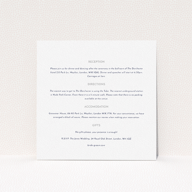 A wedding insert card design titled "Olive branch stamp". It is a square (148mm x 148mm) card in a square orientation. "Olive branch stamp" is available as a flat card, with mainly white colouring.