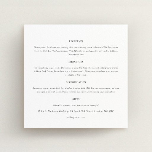 Wedding Insert Card Design - "On the fence" A wedding insert card template titled "On the fence". It is a square (148mm x 148mm) card in a square orientation. "On the fence" is available as a flat card, with mainly white colouring.