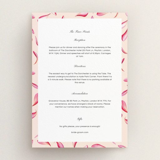 Wedding Insert Card Design - "Petal avalanche" A wedding insert card design titled "Petal avalanche". It is an A5 card in a portrait orientation. "Petal avalanche" is available as a flat card, with tones of pink and dark pink.