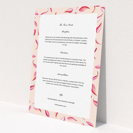 A wedding insert card design titled 'Petal avalanche'. It is an A5 card in a portrait orientation. 'Petal avalanche' is available as a flat card, with tones of pink and dark pink.