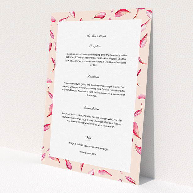 A wedding insert card design titled "Petal avalanche". It is an A5 card in a portrait orientation. "Petal avalanche" is available as a flat card, with tones of pink and dark pink.