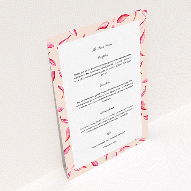 A wedding insert card design titled "Petal avalanche". It is an A5 card in a portrait orientation. "Petal avalanche" is available as a flat card, with tones of pink and dark pink.