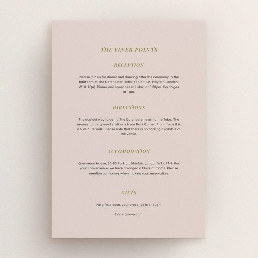 Wedding Insert Card Design - "Royal oak" A wedding insert card design named "Royal oak". It is an A5 card in a portrait orientation. "Royal oak" is available as a flat card, with mainly dark cream colouring.