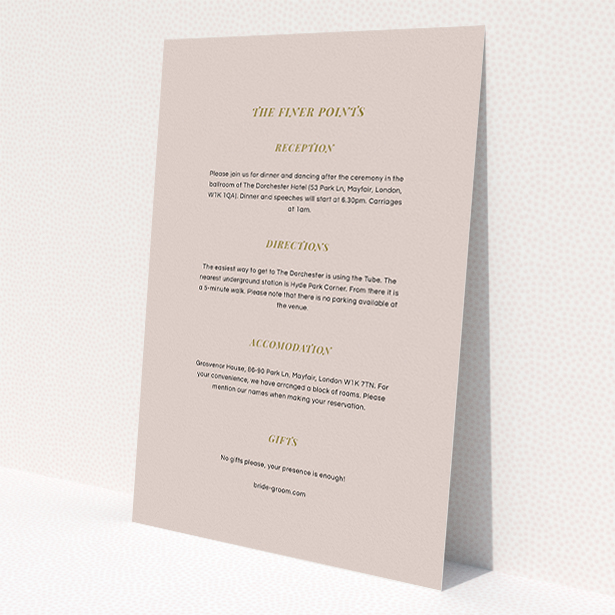 A wedding insert card design named 'Royal oak'. It is an A5 card in a portrait orientation. 'Royal oak' is available as a flat card, with mainly dark cream colouring.