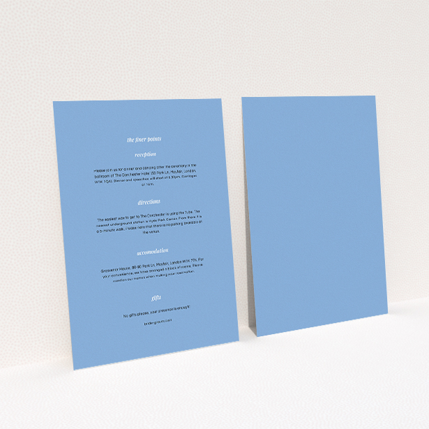A wedding insert card called "Script switch". It is an A5 card in a portrait orientation. "Script switch" is available as a flat card, with mainly light blue colouring.