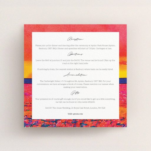 Wedding Insert Card Design - "Setting Sun" A wedding insert card called "Setting Sun". It is a square (148mm x 148mm) card in a square orientation. "Setting Sun" is available as a flat card, with tones of red and yellow.