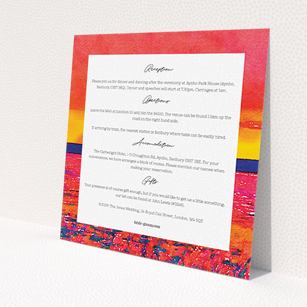 A wedding insert card called "Setting Sun". It is a square (148mm x 148mm) card in a square orientation. "Setting Sun" is available as a flat card, with tones of red and yellow.