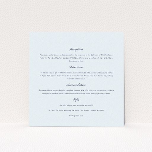 A wedding insert card design called "Shanghai Nights". It is a square (148mm x 148mm) card in a square orientation. "Shanghai Nights" is available as a flat card, with mainly light blue colouring.