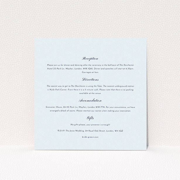 A wedding insert card design called "Shanghai Nights". It is a square (148mm x 148mm) card in a square orientation. "Shanghai Nights" is available as a flat card, with mainly light blue colouring.