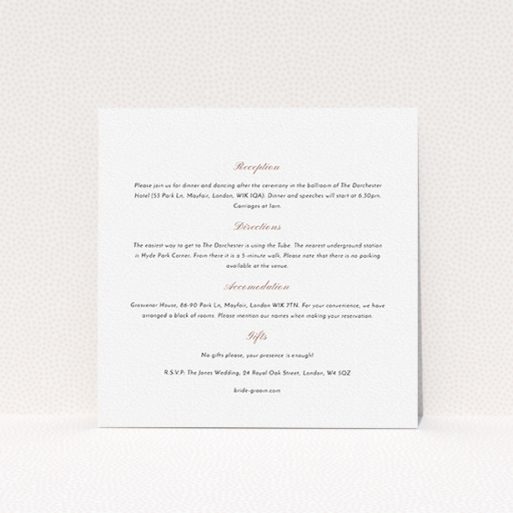A wedding insert card design named "Shanghai Nights". It is a square (148mm x 148mm) card in a square orientation. "Shanghai Nights" is available as a flat card, with mainly white colouring.
