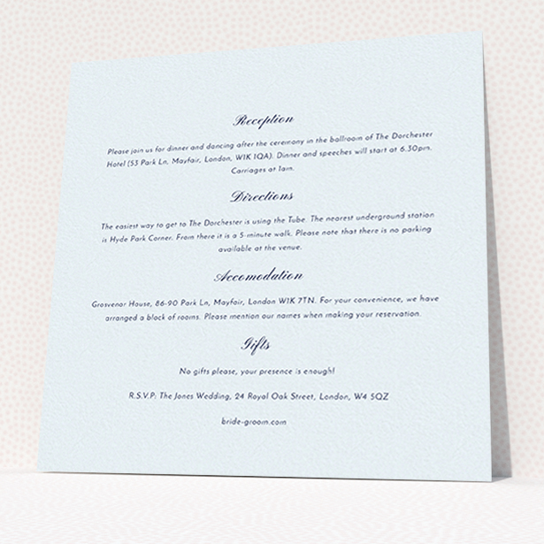 A wedding insert card design called "Shanghai Nights". It is a square (148mm x 148mm) card in a square orientation. "Shanghai Nights" is available as a flat card, with mainly light blue colouring.