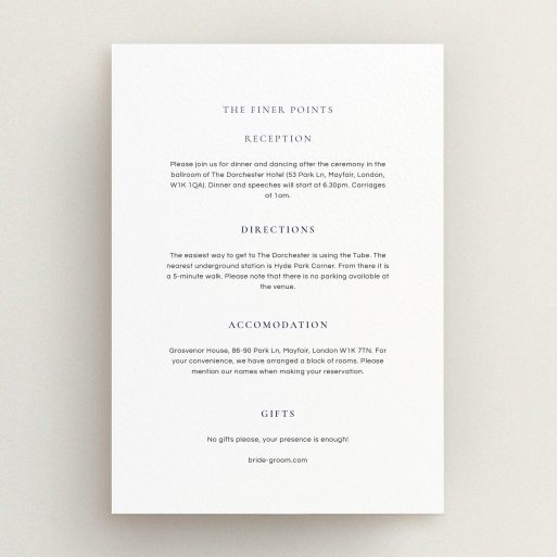 Wedding Information Insert Sheets - Signature Script (Navy Blue) A wedding insert card design named "Signature script". It is an A5 card in a portrait orientation. "Signature script" is available as a flat card, with mainly white colouring.