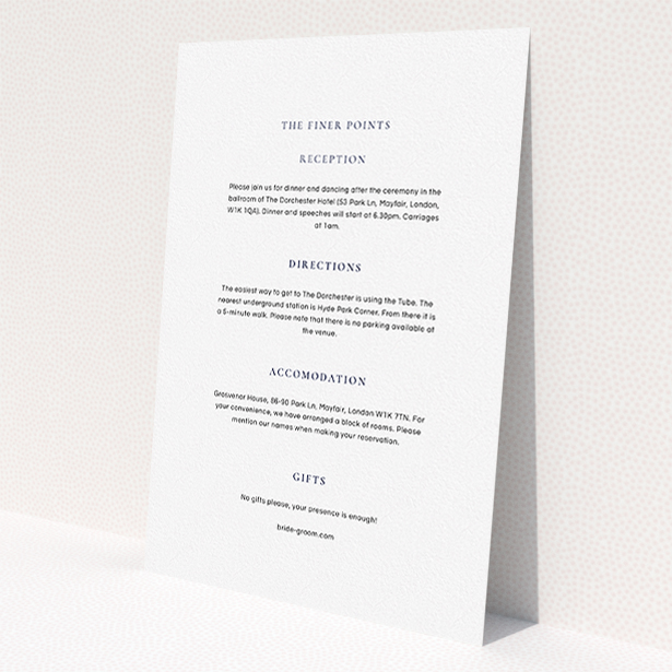 A wedding insert card design named 'Signature script'. It is an A5 card in a portrait orientation. 'Signature script' is available as a flat card, with mainly white colouring.