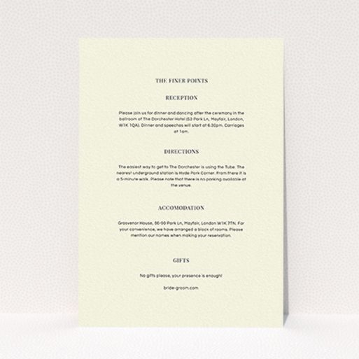 A wedding insert card design called "Simple flourish". It is an A6 card in a portrait orientation. "Simple flourish" is available as a flat card, with mainly cream colouring.