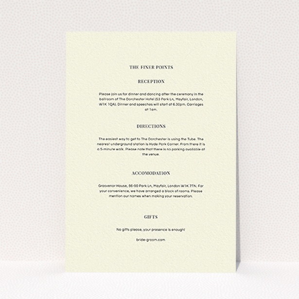 A wedding insert card design called "Simple flourish". It is an A6 card in a portrait orientation. "Simple flourish" is available as a flat card, with mainly cream colouring.