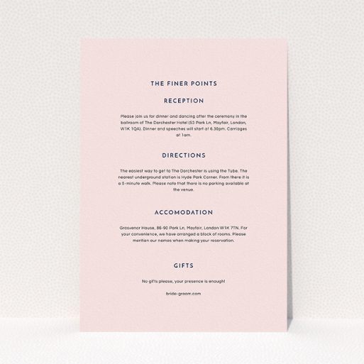 A wedding insert card design called "Simple lines". It is an A5 card in a portrait orientation. "Simple lines" is available as a flat card, with mainly light pink colouring.