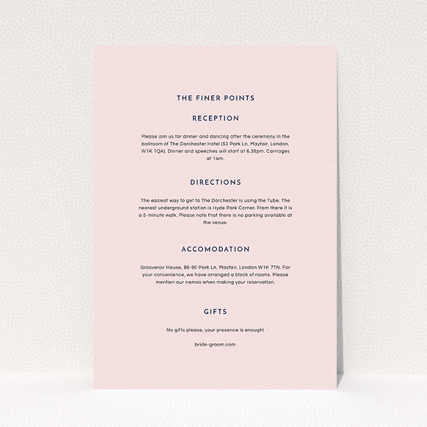 A wedding insert card design called "Simple lines". It is an A5 card in a portrait orientation. "Simple lines" is available as a flat card, with mainly light pink colouring.