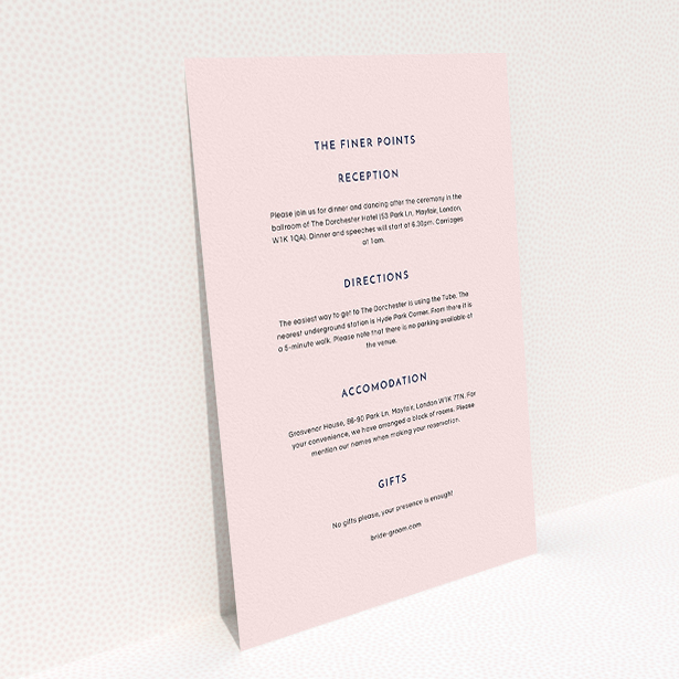 A wedding insert card design called "Simple lines". It is an A5 card in a portrait orientation. "Simple lines" is available as a flat card, with mainly light pink colouring.