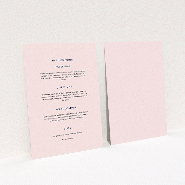 A wedding insert card design called "Simple lines". It is an A5 card in a portrait orientation. "Simple lines" is available as a flat card, with mainly light pink colouring.