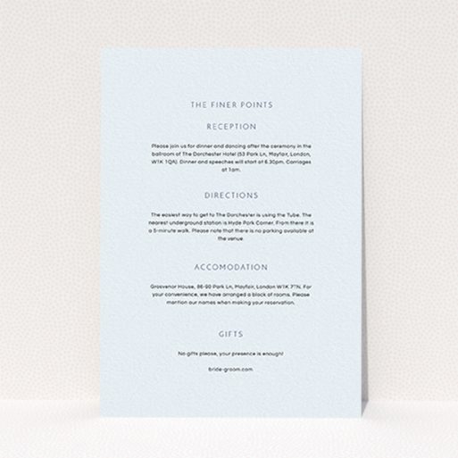 A wedding insert card named "Simple lines". It is an A6 card in a portrait orientation. "Simple lines" is available as a flat card, with mainly light blue colouring.