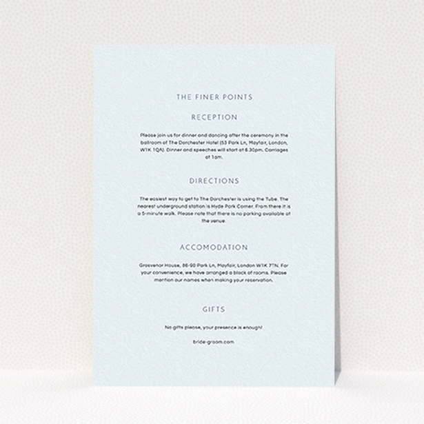 A wedding insert card named "Simple lines". It is an A6 card in a portrait orientation. "Simple lines" is available as a flat card, with mainly light blue colouring.