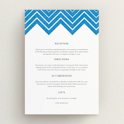 Wedding Insert Card Design - "Skiapthos" A wedding insert card named "Skiapthos". It is an A5 card in a portrait orientation. "Skiapthos" is available as a flat card, with tones of blue and white.
