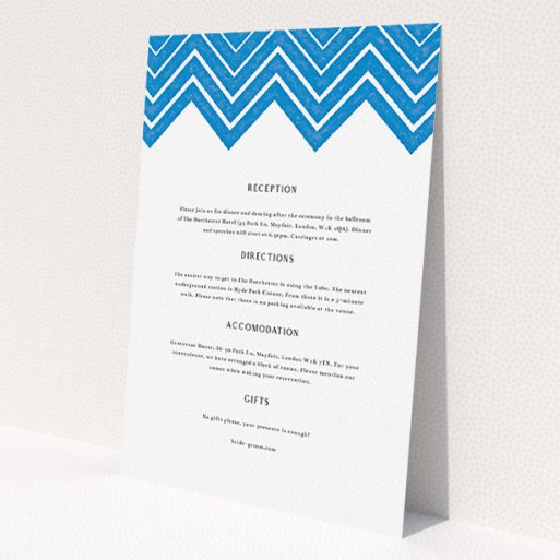 A wedding insert card named 'Skiapthos'. It is an A5 card in a portrait orientation. 'Skiapthos' is available as a flat card, with tones of blue and white.