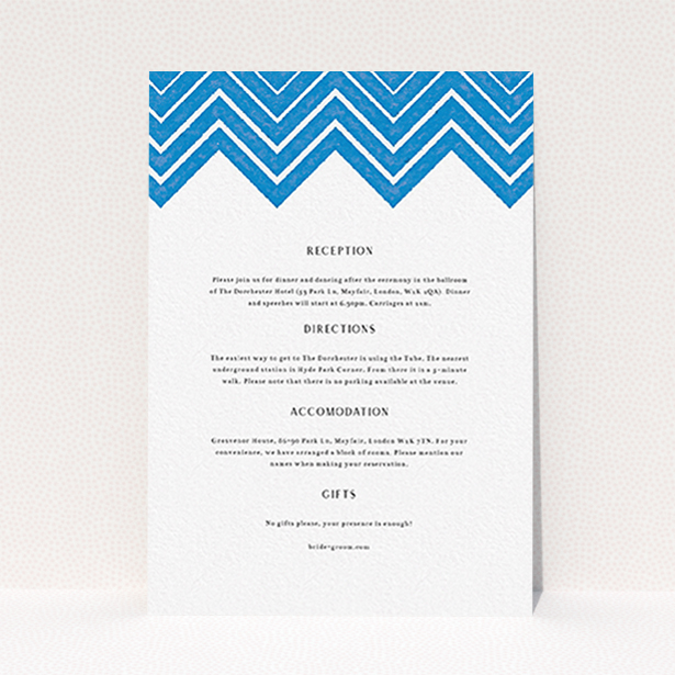 A wedding insert card design named "Skiapthos". It is an A6 card in a portrait orientation. "Skiapthos" is available as a flat card, with tones of blue and white.