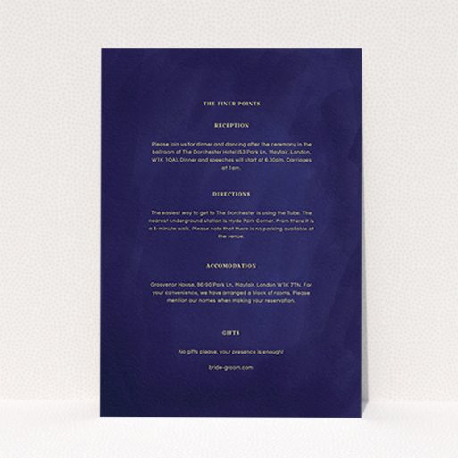 A wedding insert card named "Sky at night". It is an A6 card in a portrait orientation. "Sky at night" is available as a flat card, with tones of midnight blue and yellow.