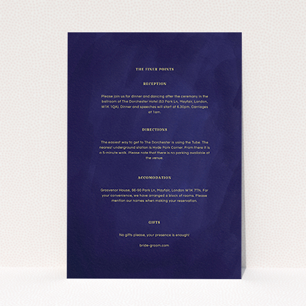 A wedding insert card named "Sky at night". It is an A6 card in a portrait orientation. "Sky at night" is available as a flat card, with tones of midnight blue and yellow.