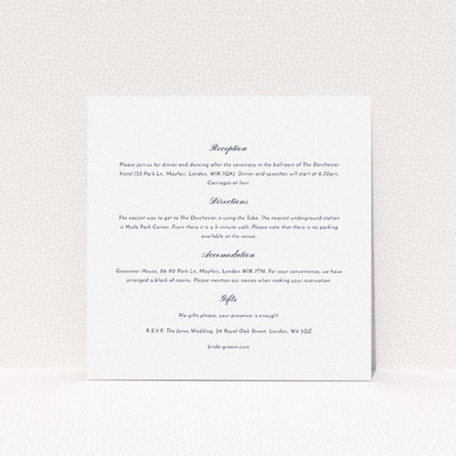 A wedding insert card template titled "Square slant". It is a square (148mm x 148mm) card in a square orientation. "Square slant" is available as a flat card, with mainly white colouring.