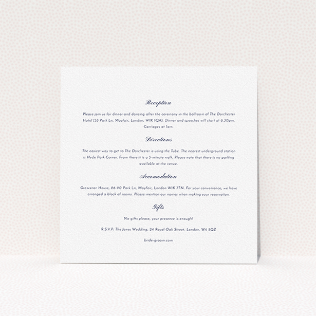 A wedding insert card template titled "Square slant". It is a square (148mm x 148mm) card in a square orientation. "Square slant" is available as a flat card, with mainly white colouring.