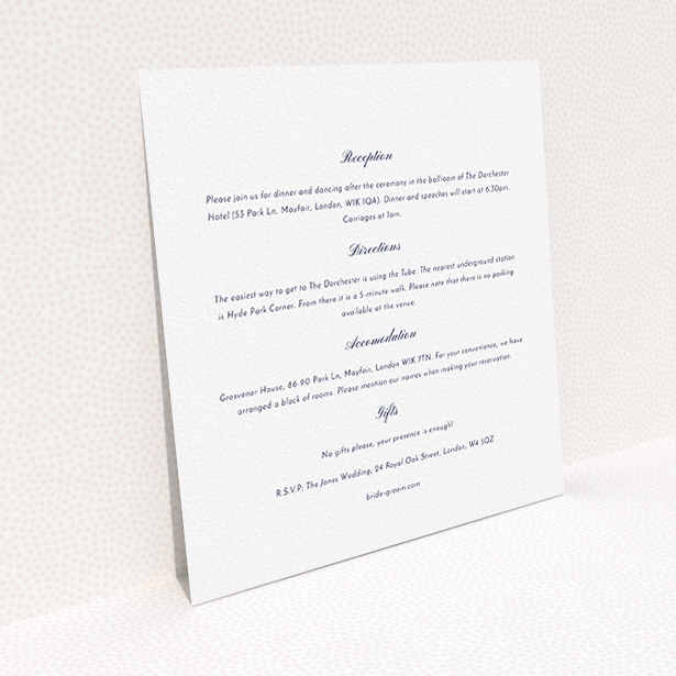 A wedding insert card template titled "Square slant". It is a square (148mm x 148mm) card in a square orientation. "Square slant" is available as a flat card, with mainly white colouring.