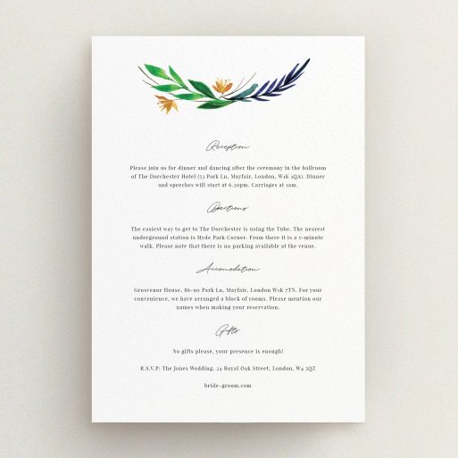 Wedding Insert Card Design - "Summer Whirl Wreath" A wedding insert card design called "Summer Whirl Wreath". It is an A5 card in a portrait orientation. "Summer Whirl Wreath" is available as a flat card, with tones of white and green.