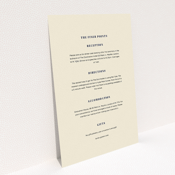 A wedding insert card design titled "Take on the sides". It is an A5 card in a portrait orientation. "Take on the sides" is available as a flat card, with mainly cream colouring.