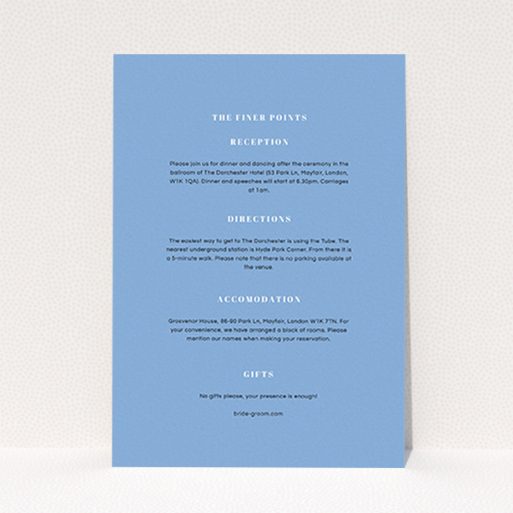 A wedding insert card design called "Take on the sides". It is an A6 card in a portrait orientation. "Take on the sides" is available as a flat card, with mainly light blue colouring.