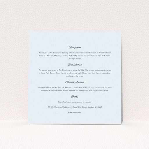 A wedding insert card design titled "Tandem sheet". It is a square (148mm x 148mm) card in a square orientation. "Tandem sheet" is available as a flat card, with tones of off-white and red.
