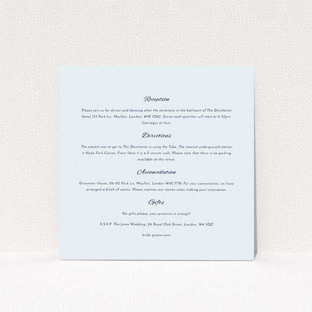 A wedding insert card design titled "Tandem sheet". It is a square (148mm x 148mm) card in a square orientation. "Tandem sheet" is available as a flat card, with tones of off-white and red.