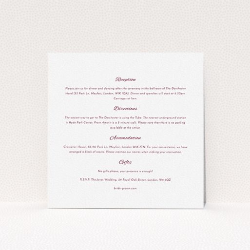 A wedding insert card named "Tandem sheet". It is a square (148mm x 148mm) card in a square orientation. "Tandem sheet" is available as a flat card, with mainly white colouring.
