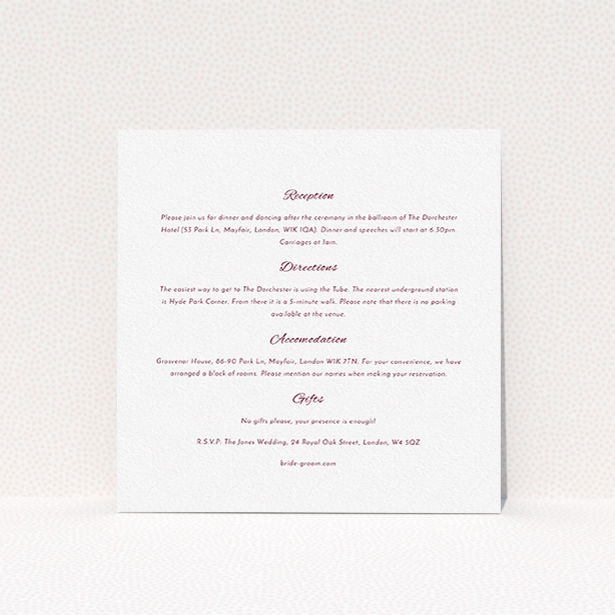 A wedding insert card named "Tandem sheet". It is a square (148mm x 148mm) card in a square orientation. "Tandem sheet" is available as a flat card, with mainly white colouring.