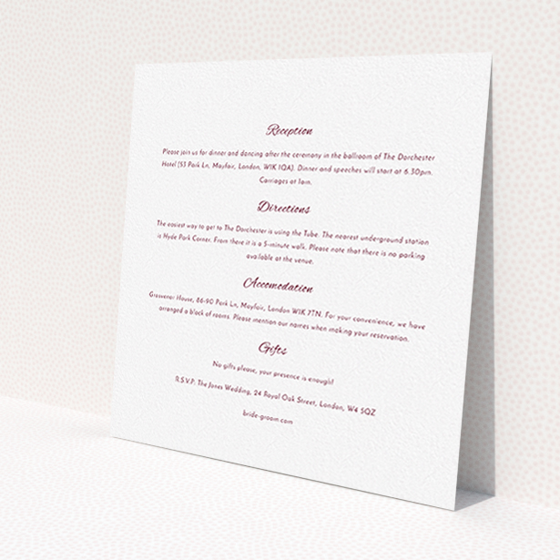 A wedding insert card named 'Tandem sheet'. It is a square (148mm x 148mm) card in a square orientation. 'Tandem sheet' is available as a flat card, with mainly white colouring.