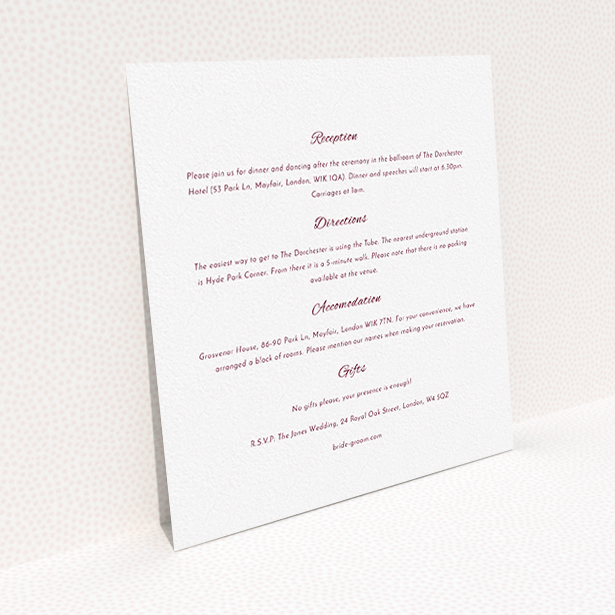 A wedding insert card named "Tandem sheet". It is a square (148mm x 148mm) card in a square orientation. "Tandem sheet" is available as a flat card, with mainly white colouring.