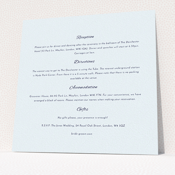 A wedding insert card design titled "Tandem sheet". It is a square (148mm x 148mm) card in a square orientation. "Tandem sheet" is available as a flat card, with tones of off-white and red.
