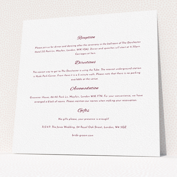 A wedding insert card named "Tandem sheet". It is a square (148mm x 148mm) card in a square orientation. "Tandem sheet" is available as a flat card, with mainly white colouring.
