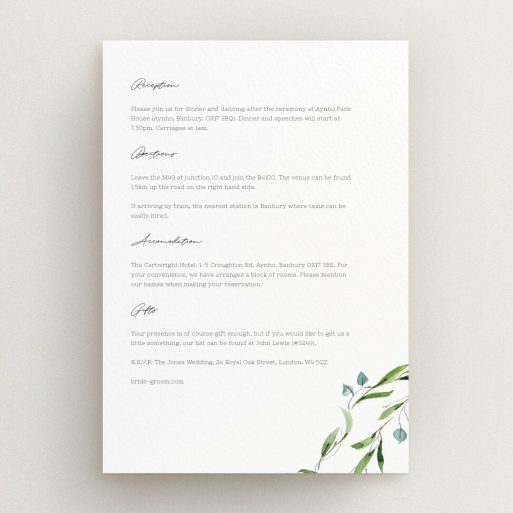 Wedding Insert Card Design - "Thin Watercolour Wreath" A wedding insert card design called "Thin Watercolour Wreath". It is an A5 card in a portrait orientation. "Thin Watercolour Wreath" is available as a flat card, with tones of white and green.