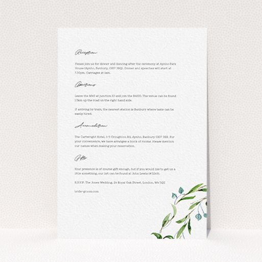 A wedding insert card called "Thin Watercolour Wreath". It is an A6 card in a portrait orientation. "Thin Watercolour Wreath" is available as a flat card, with tones of white and green.