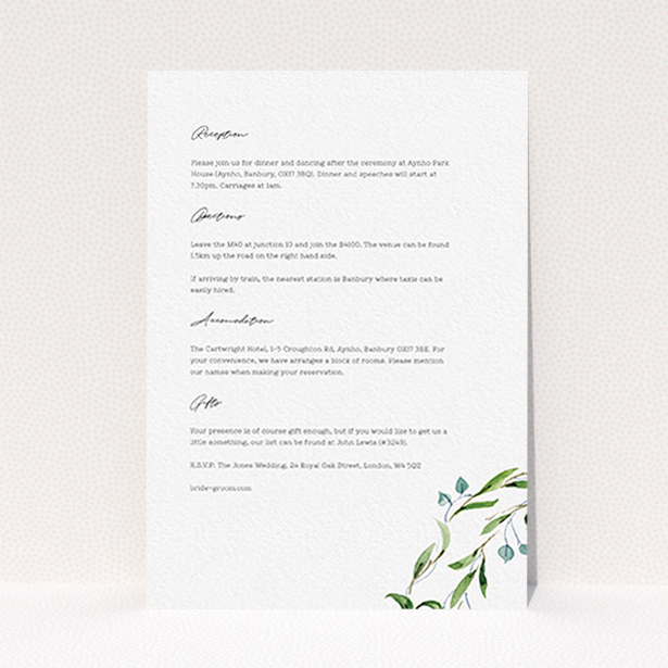 A wedding insert card called "Thin Watercolour Wreath". It is an A6 card in a portrait orientation. "Thin Watercolour Wreath" is available as a flat card, with tones of white and green.