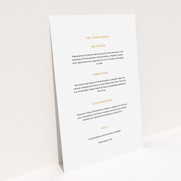 A wedding insert card design named "To the left". It is an A5 card in a portrait orientation. "To the left" is available as a flat card, with mainly white colouring.