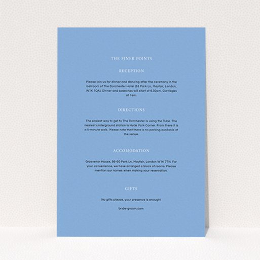 A wedding insert card design named "To the left". It is an A6 card in a portrait orientation. "To the left" is available as a flat card, with mainly light blue colouring.